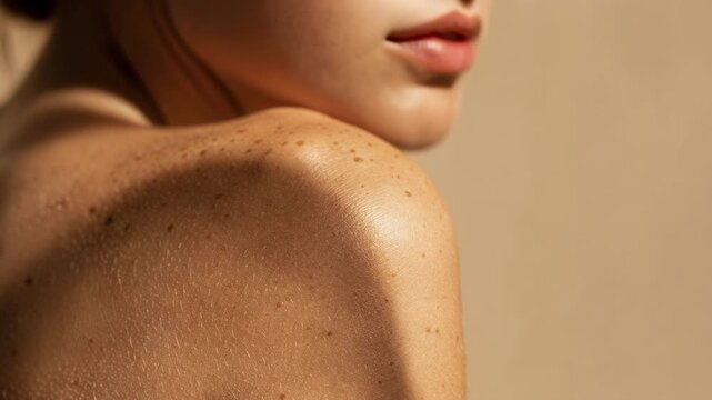 Sunlit skin texture close up with natural light highlighting shoulder and freckle details