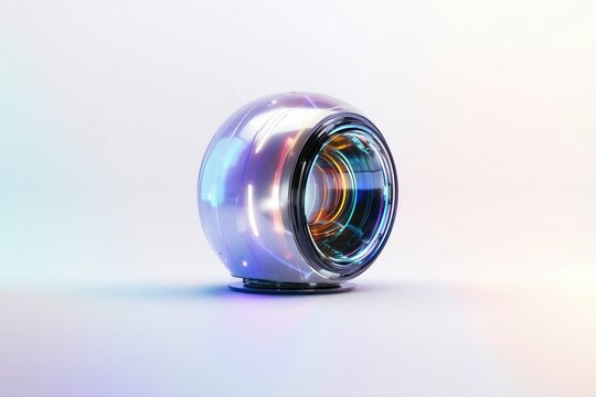 Futuristic smart ring device iridescent chrome on light background