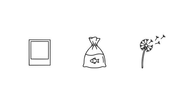 This image features a square frame, a bag containing fish, and a dandelion illustrated in a minimalist outline style, combining uniqueness and natural beauty.