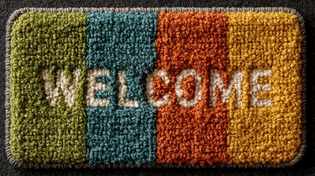 Colorful welcome doormat with WELCOME text green blue orange