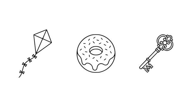 This playful illustration features a kite soaring in the sky, a sweet doughnut with sprinkles, and a vintage key, symbolizing joy, playfulness, and nostalgia.