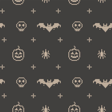 Gothic cross stitch Halloween seamless pattern. Embroidery folk art texture. Repeatable bat, spider, skull, and pumpkin motif on dark grey backdrop for digital scrapbooking, eerie autumn design.