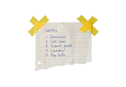 Handwritten notes on torn lined paper, daily to-do list with yellow washi tape, personal reminder memo for organization isolated on Transparent Background