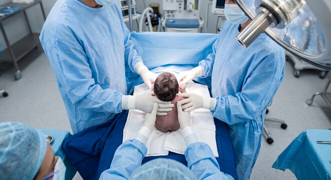 Medical team performing caesarean section delivery in hospital operating room, newborn baby being lifted out.