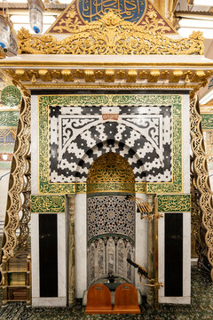 Elegant details of the minbar inside Masjid Al-Nabawi