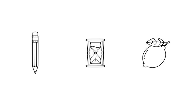 An intriguing image that consists of a pencil, an hourglass, and a lemon, reflecting themes of creativity, time, and freshness, in a distinctive and minimalist style.