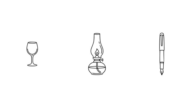 This image features a sophisticated trio of items, including a wine glass, a vintage oil lantern, and a classic fountain pen, evoking a sense of nostalgia and elegance.