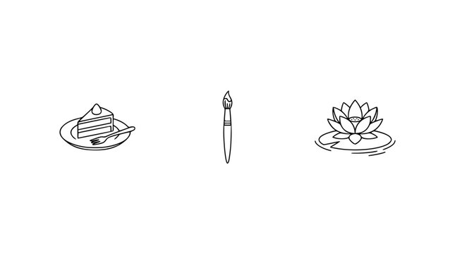 An intriguing image presenting a beautifully plated cake, an artist's brush, and a serene water lily, symbolizing the fusion of culinary and artistic creativity.