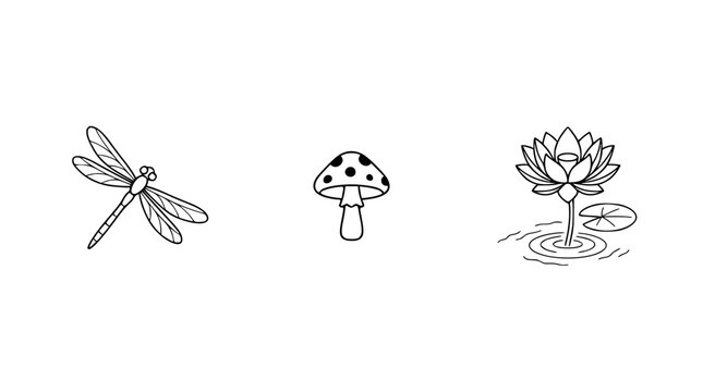 This image features a dragonfly, a spotted mushroom, and a delicate lotus, representing harmony and the beauty of nature in a minimalist style focused on detail and form.