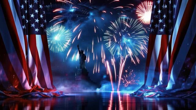 A spectacular Fourth of July celebration unfolds with vibrant fireworks illuminating the night sky. ..Created with Generative AI, not depicting real subjects.
