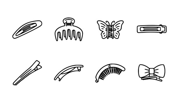 Fashion Hair Clips and Barrettes Line Icon Set Featuring Butterfly Bow and Claw Clamp Accessories