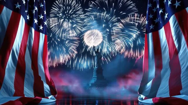 Patriotic fireworks explode in a vibrant display over the Statue of Liberty, framed by the unfurled American flags. ..Created with Generative AI, not depicting real subjects.