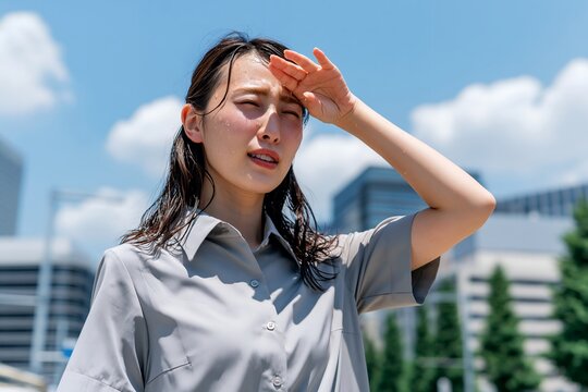 猛烈な暑さの中顔をしかめ日差しを遮る日本人女性