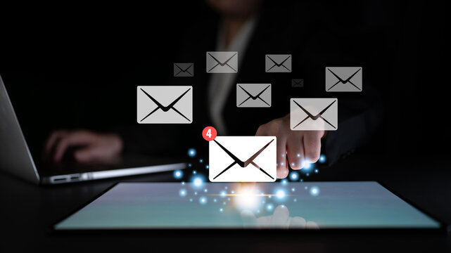 An email inbox with a new message notification alert. A concept of digital communication, correspondence, and unread electronic mail. Motif