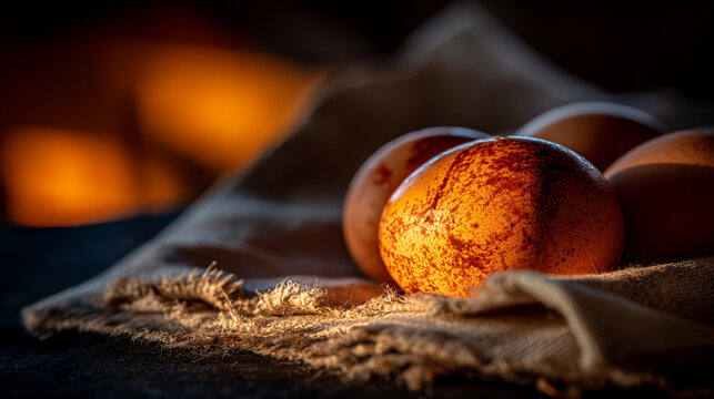 Speckled easter eggs resting on burlap fabric with warm golden firelight background