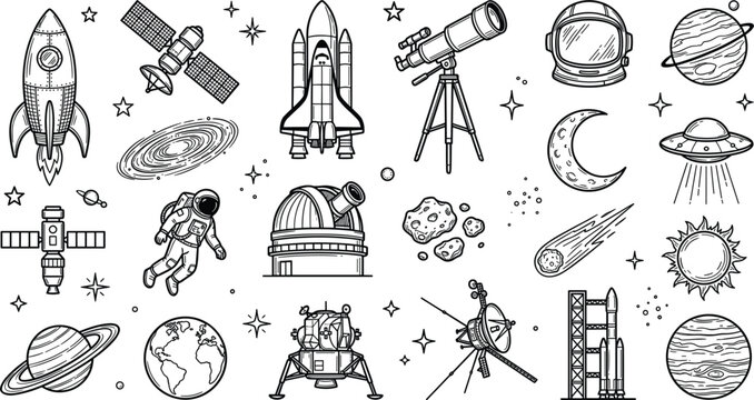 Vintage astronomy space exploration linocut icon set featuring rocket shuttle astronaut telescope observatory satellite ufo lunar lander vector