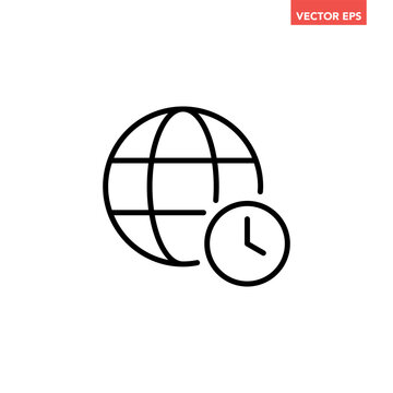 Globe with clock line icon, world time zones, international scheduling, and global hours flat design infographic pictogram vector for app logo web ui interface elements isolated on white background