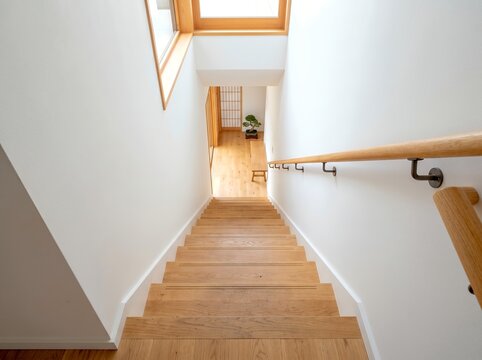 明るい木製階段と手すりがあるモダンな住宅の室内空間デザイン