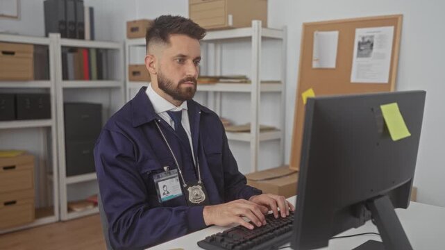Man with beard typing on keyboard, police detective badge and id visible at desk in a building; duty investigation.