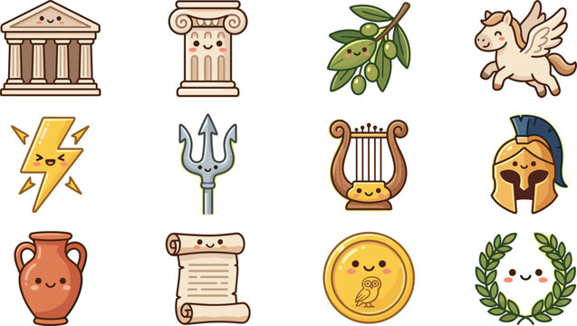 Ancient Greece mythology temple column laurel dove lightning trident lyre helmet amphora icon set with colorful scroll coin wreath myth olympus god flat cartoon blob background sticker collection