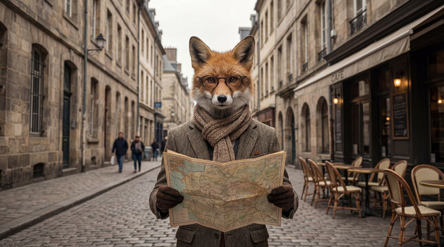 Fox reading in city street, creative anthropomorphic lifestyle scene exploring animal behavior, responsible care, companionship, wellbeing, humane values, education, modern lifestyle