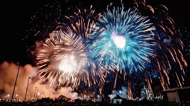 Spectacular fireworks illuminate the night sky with vibrant bursts of color, creating a dazzling display of light and energy. ..Created with Generative AI, not depicting real subjects.