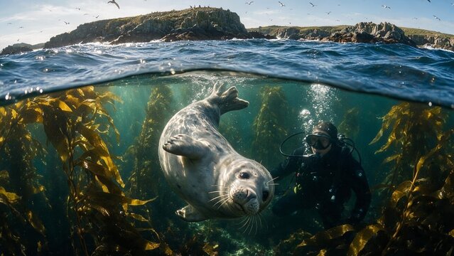 Diver Swimming with Seal in Kelp Forest