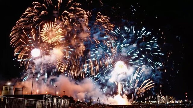 A spectacular night sky explodes with vibrant fireworks, illuminating the darkness with dazzling bursts of color and light. ..Created with Generative AI, not depicting real subjects.