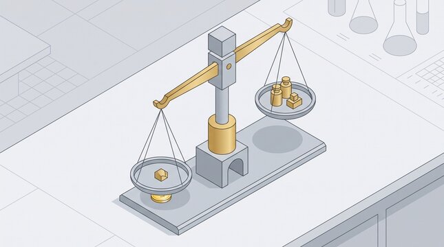 Isometric Illustration of an Unbalanced Scale with Weights