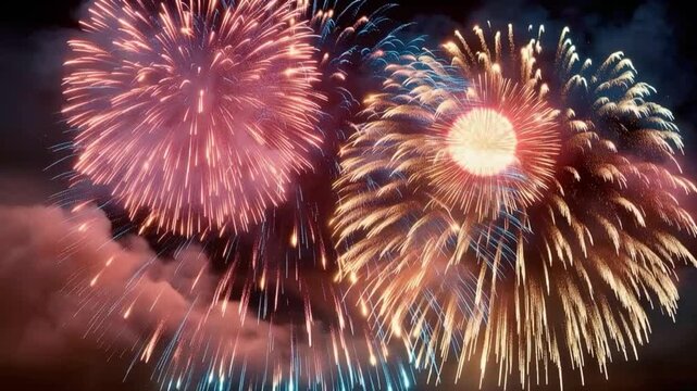 A spectacular display of vibrant fireworks illuminating the night sky, painting the darkness with dazzling bursts of color and light. ..Created with Generative AI, not depicting real subjects.