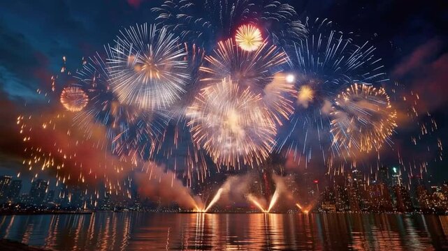 A breathtaking fireworks display illuminates the night sky over a cityscape, reflecting brilliantly on the calm water below. ..Created with Generative AI, not depicting real subjects.