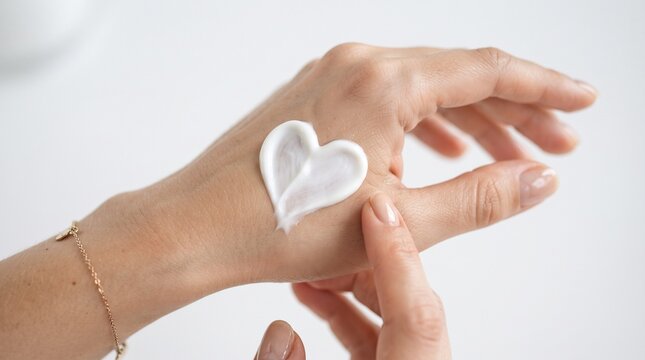 Cosmetic white cream swatch in heart shape on woman hand