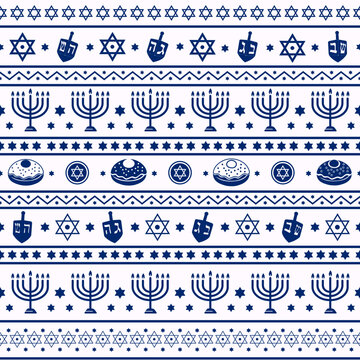 Blue Hanukkah pattern with menorahs, dreidels and Jewish symbols, dark blue elements on white.