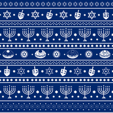 Hanukkah seamless pattern with menorahs, dreidels and Stars of David, white elements on dark blue
