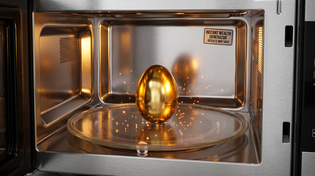 Golden egg glowing and sparking on rotating glass plate inside stainless steel microwave oven with instant wealth generator label.