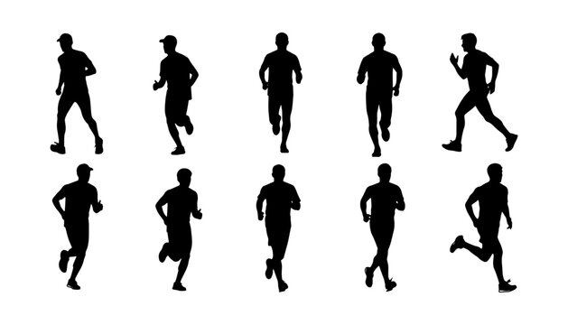 Set of ten black silhouettes of men running and jogging in various motion poses isolated on white background