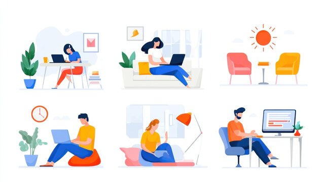 People working from home, sitting on couches and chairs, using laptops and computers, with plants and sunlight in the background.