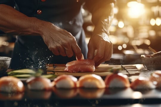Master chef preparing sushi with precision in a modern kitchen setting