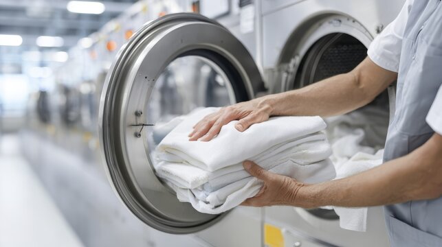 Laundry worker organizing clean towels in a modern industrial laundromat