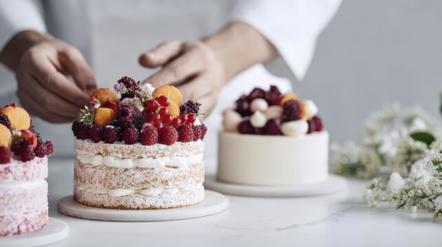 Elegant pastries with fresh berries and flowers on marble counter in stylish bakery