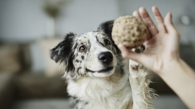 Adorable dog eagerly reaching for a fuzzy ball during playtime indoors