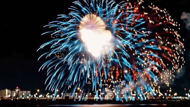 A breathtaking fireworks display illuminates the night sky above a distant city skyline. ..Created with Generative AI, not depicting real subjects.