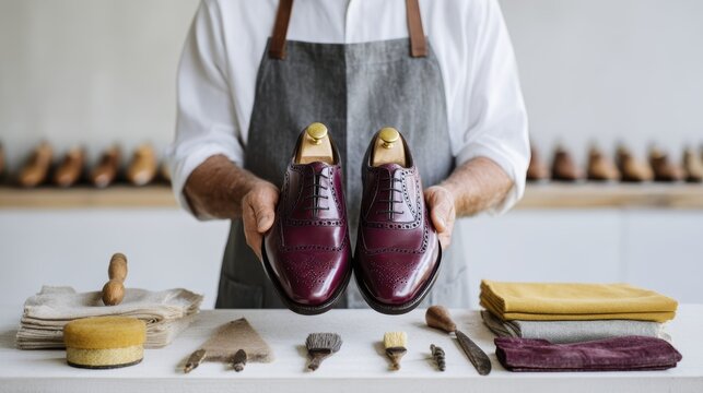 Artisan holding finished leather shoes in workshop surrounded by tools and supplies