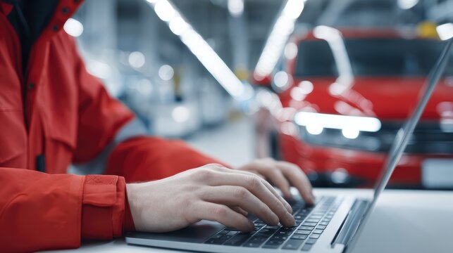 Mechanic working on laptop in auto service with red car blurred in background