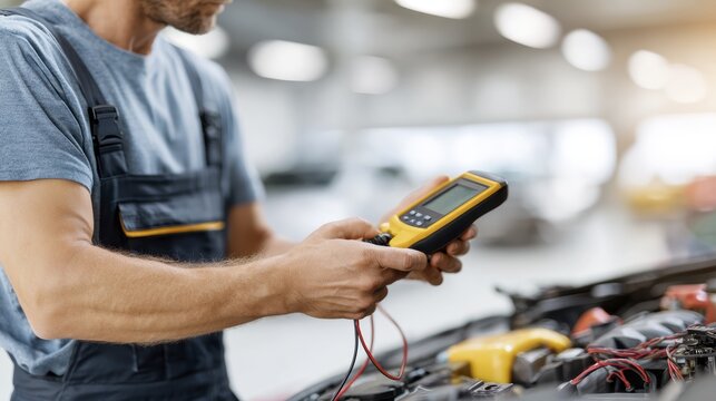 Mechanic using diagnostic tool for car engine check in auto repair shop