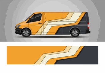 Naklejka premium Orange van with geometric pattern wrap design illustration