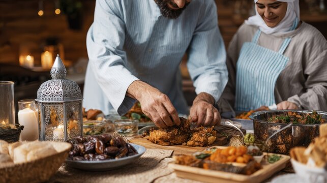 Family cooking and sharing traditional middle eastern feast with joy and togetherness