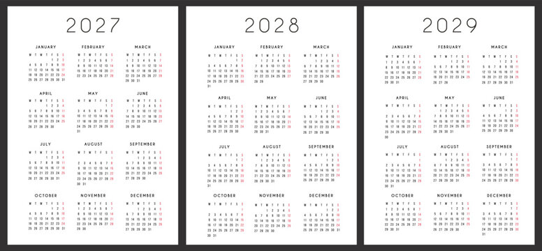 2027 2028 2029 calendar template set. Minimalist annual calendar planner layout with 12 months overview for home and office planning.