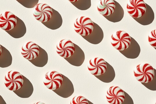 Abstract pattern of red and white peppermint candies in sunlit minimalist arrangement