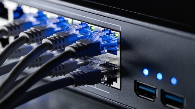 A close-up view of a network device with several connected ethernet cables and glowing status lights.
